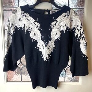 Vtg Erez Womens Blk/White Sweater Holiday Old Money  Leather‎ & Snake Skin  sz S